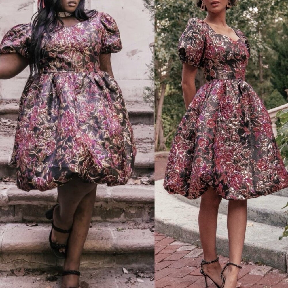 Jessakae Floral Brocade Jacquard Burgundy Gold Metallic Dress Fit & Flare XXS - Picture 10 of 10
